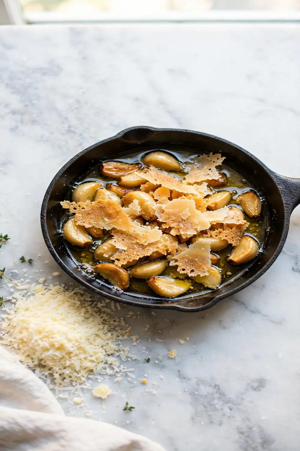 Parmesan crisp garlic cloves in oil in a black pan