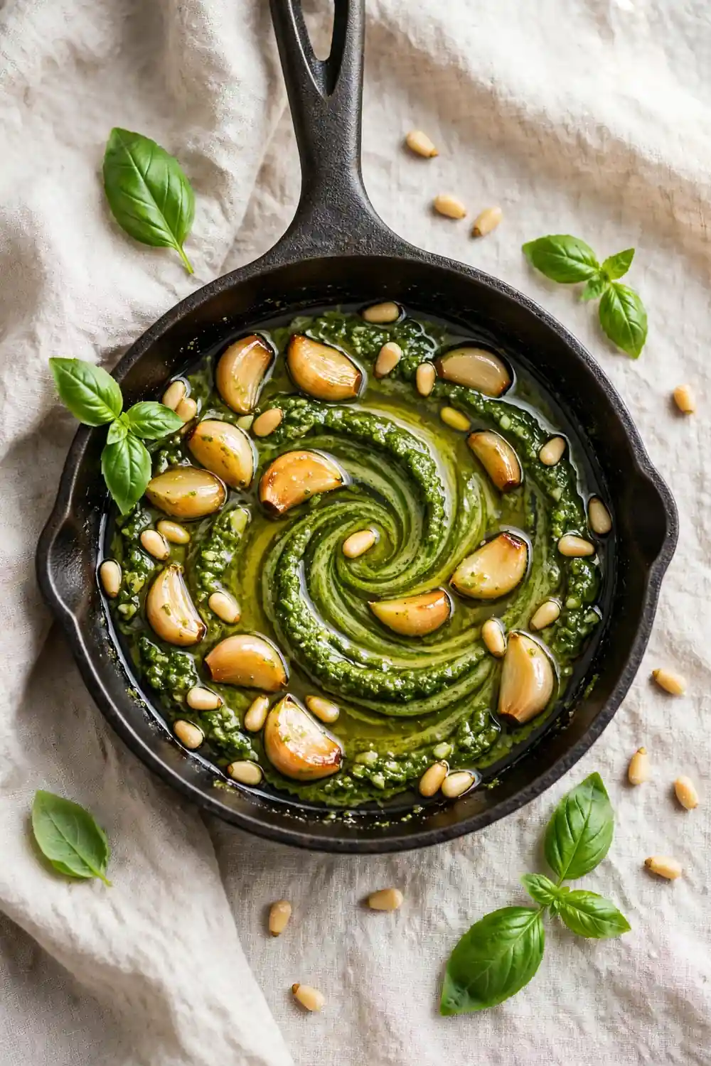 Pesto swirl garlic cloves in oil in a skillet with pine nuts