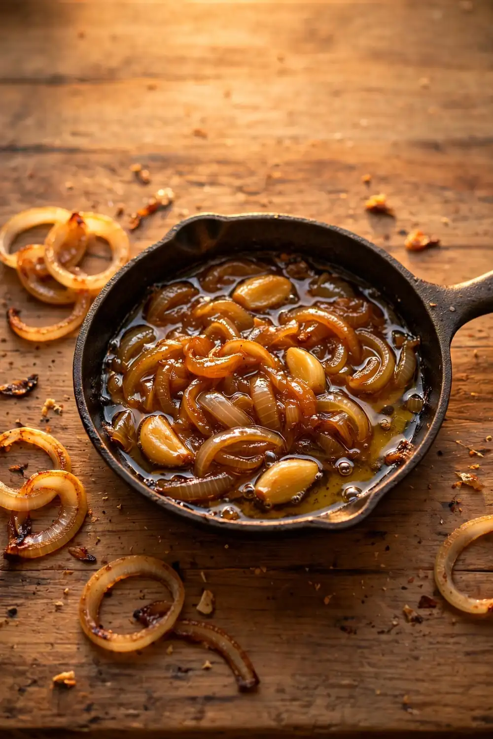 Caramelized onion and garlic cloves in oil in a skillet