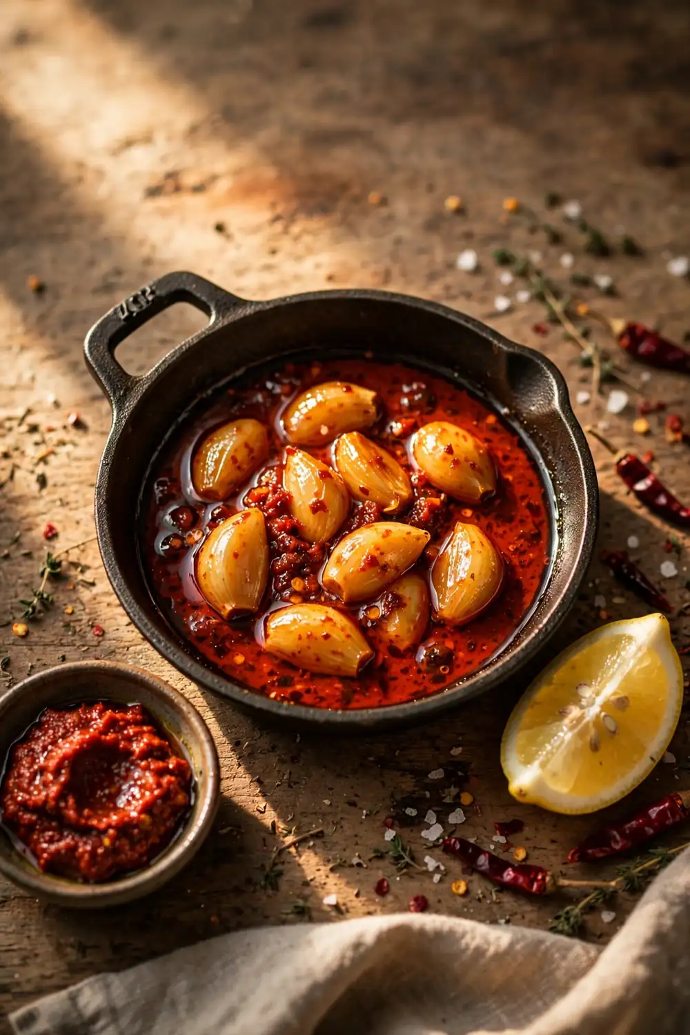 Harissa garlic cloves in red harissa oil in a pan with lemon