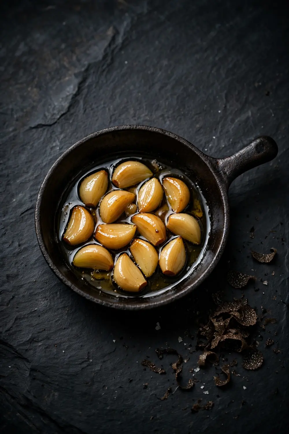 Truffle oil garlic cloves in a dark ceramic pan