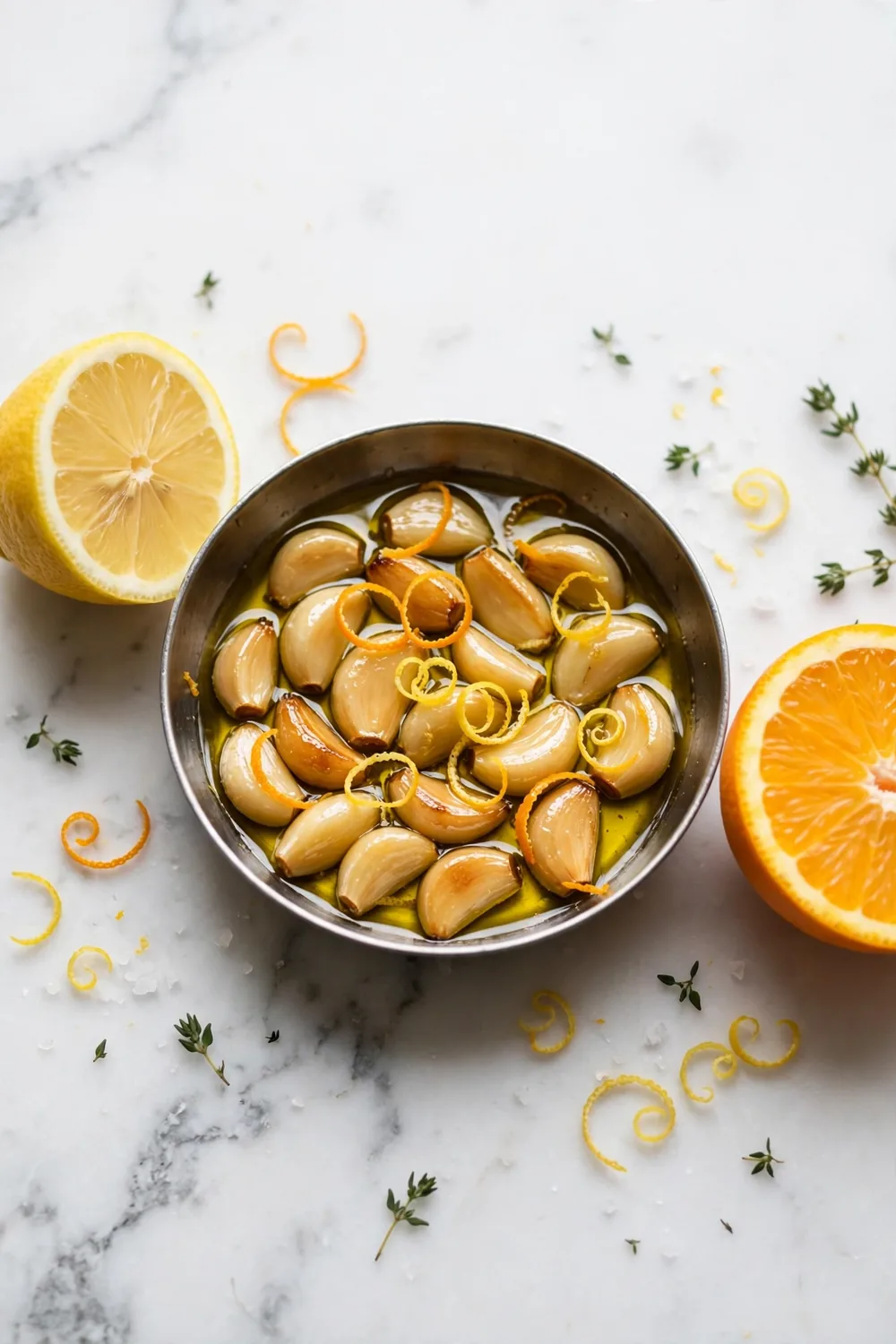 Citrus zest garlic cloves in bright oil in a pan with citrus
