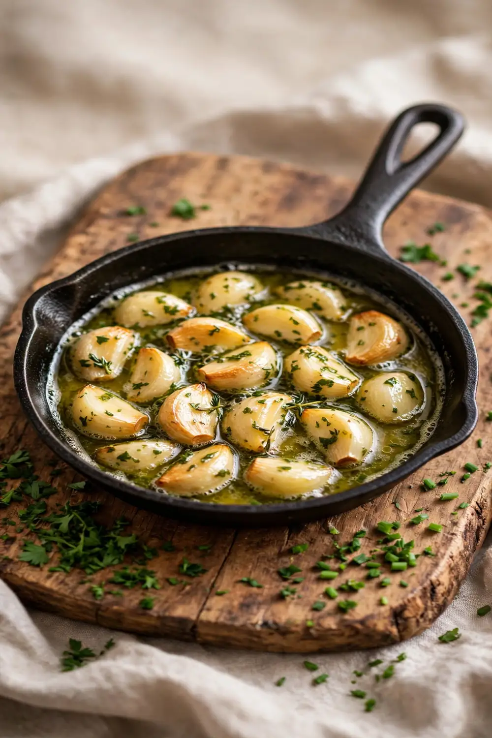 Herb butter garlic cloves in melted green butter in a pan