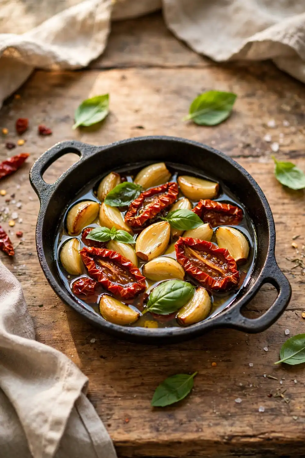 Sun dried tomato and garlic cloves in oil in a pan