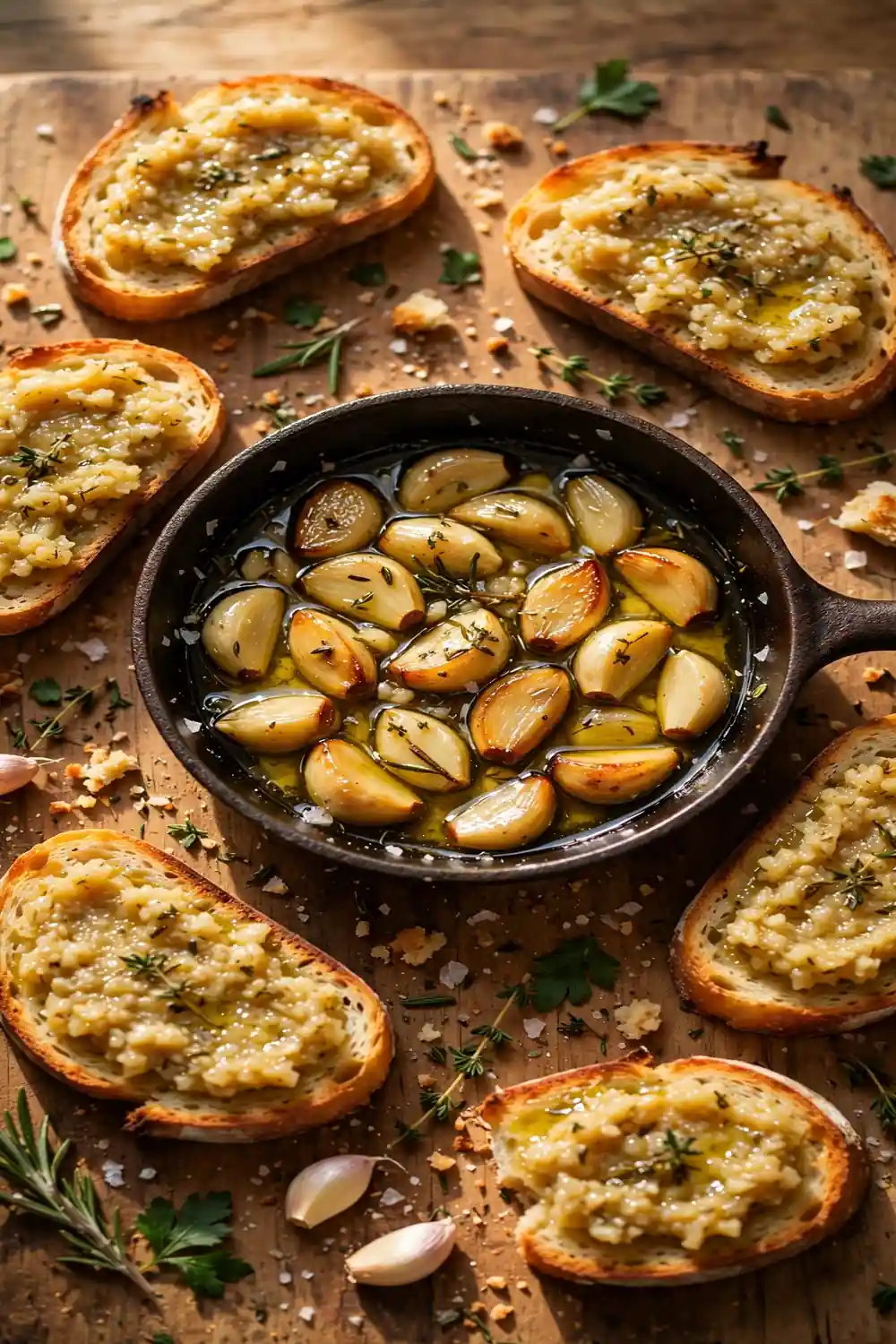 Garlic spread on toasted bread slices around a pan of cloves
