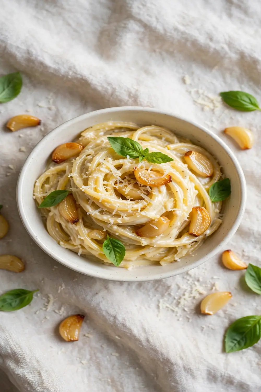 Creamy pasta with garlic cloves in a bowl with basil