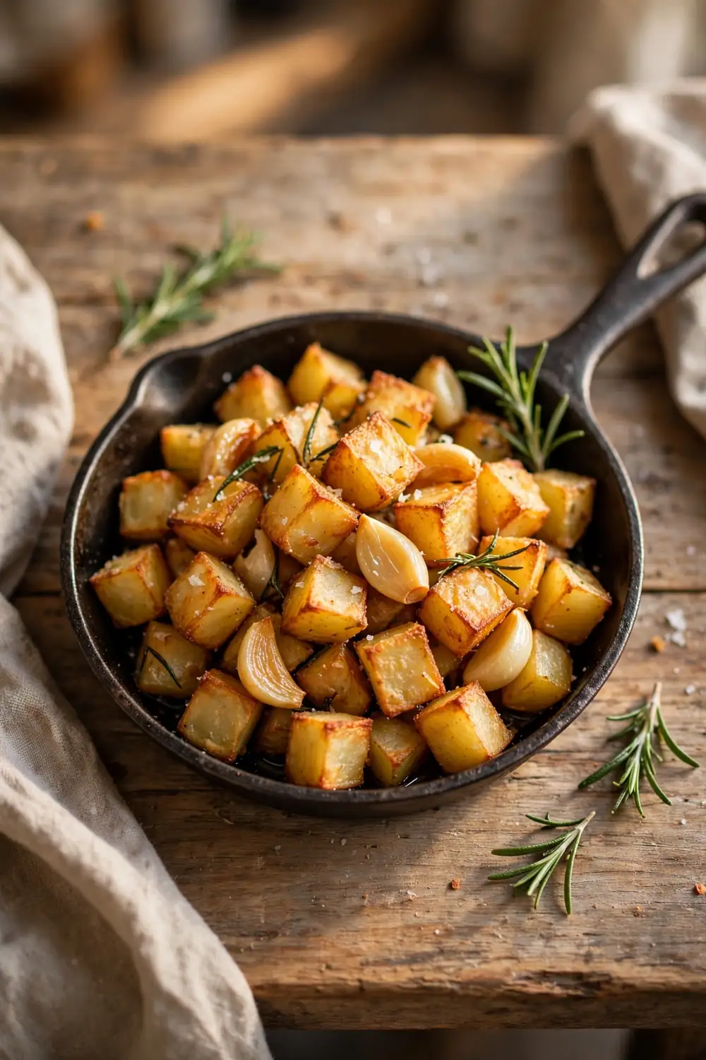 Crispy potatoes tossed with soft garlic cloves in a pan