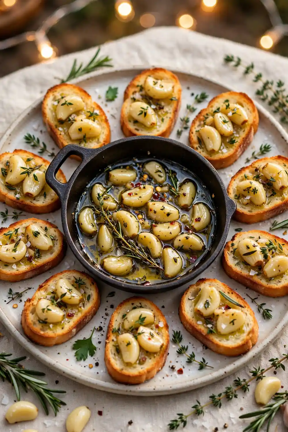 Crostini topped with garlic cloves around a pan of confit
