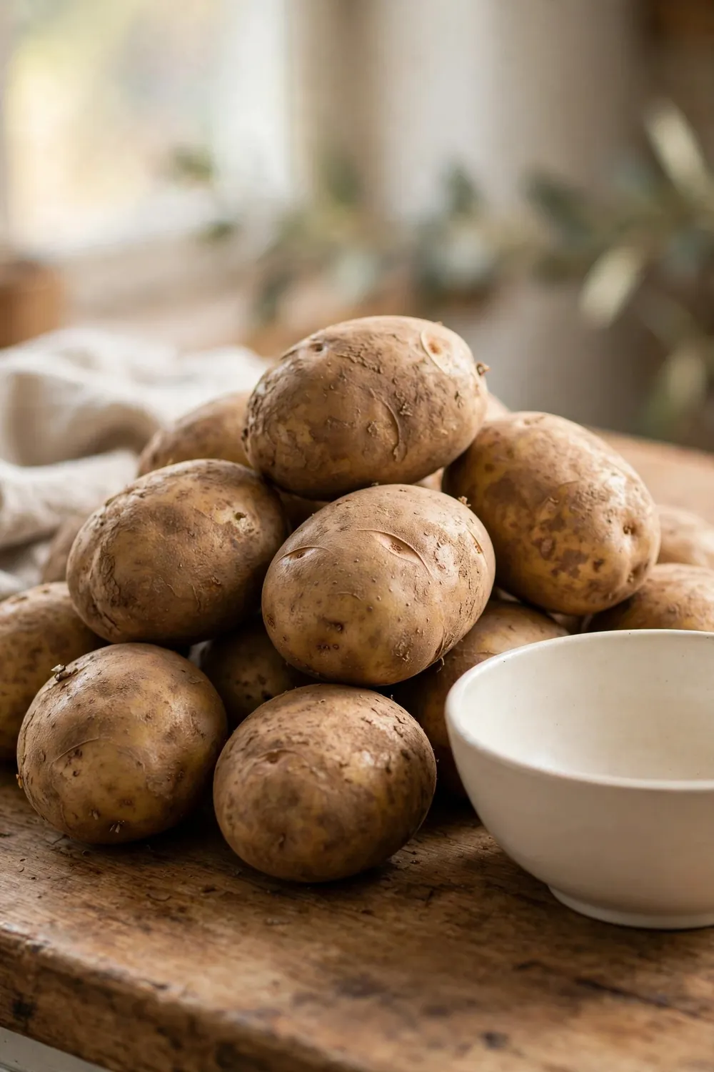 Starchy russet potatoes piled on a kitchen counter beside a bowl