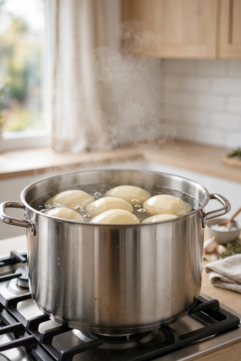 Whole peeled potatoes simmering in a large pot of water
