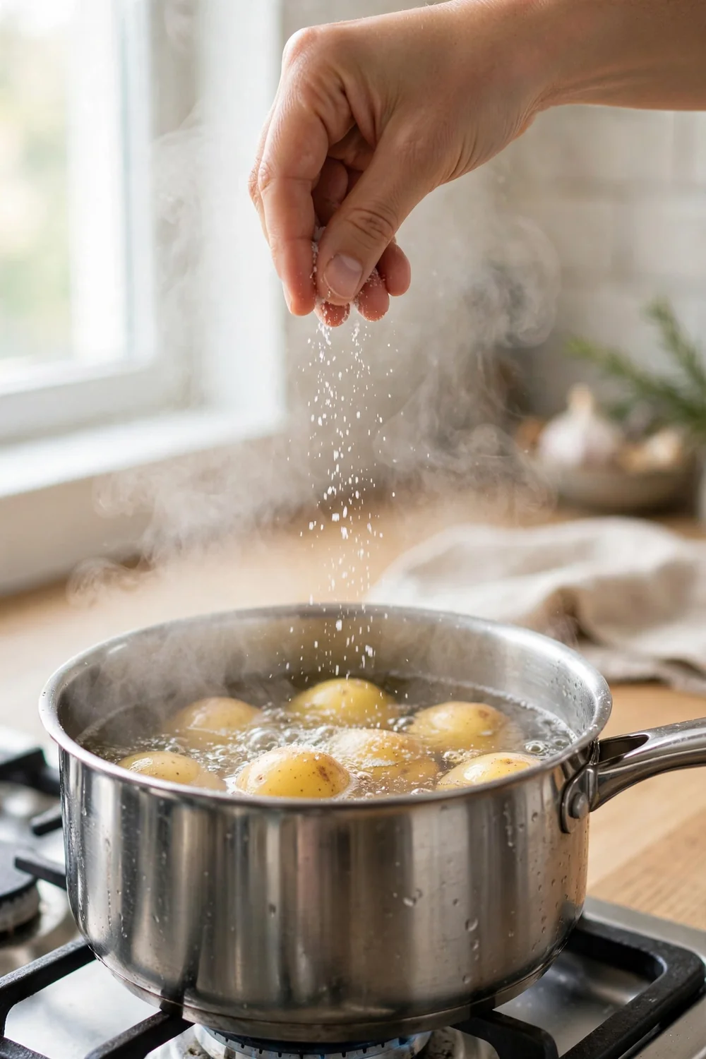 Salt being sprinkled into a pot of simmering potatoes