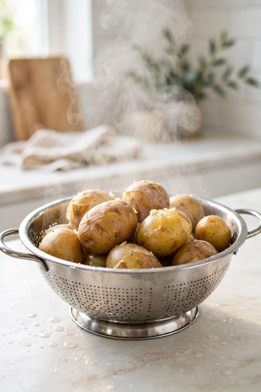 Cooked potatoes draining in a colander with steam rising