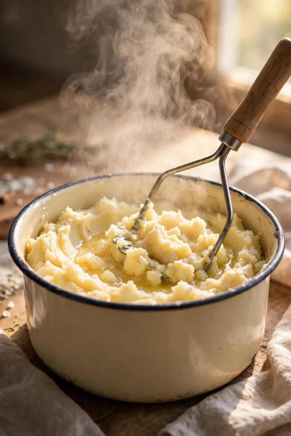 Hot potatoes being mashed in a pot with steam rising