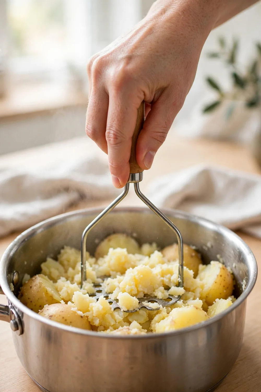 Hand masher pressing cooked potatoes gently in a pot
