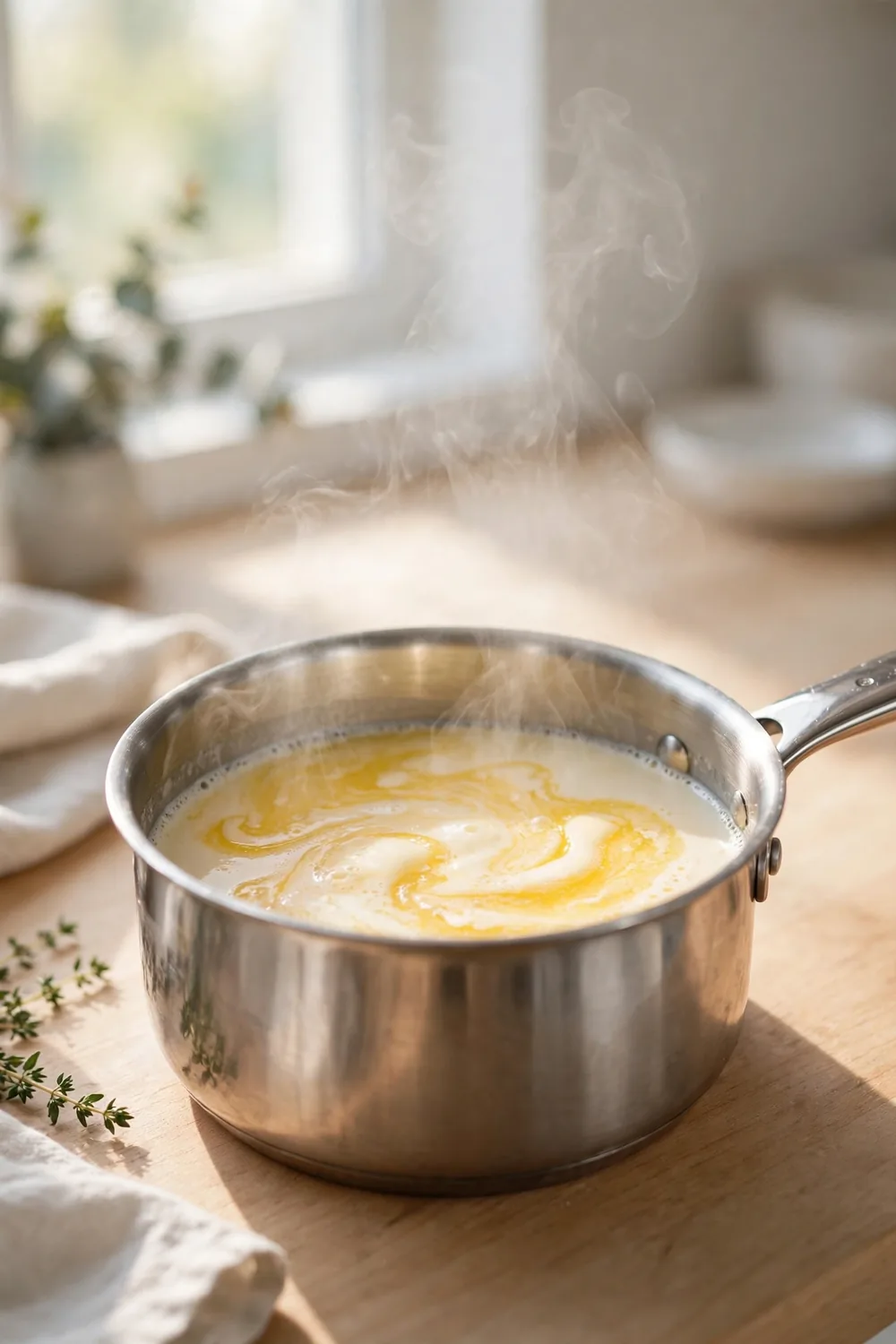 Butter melting into warm milk in a small saucepan