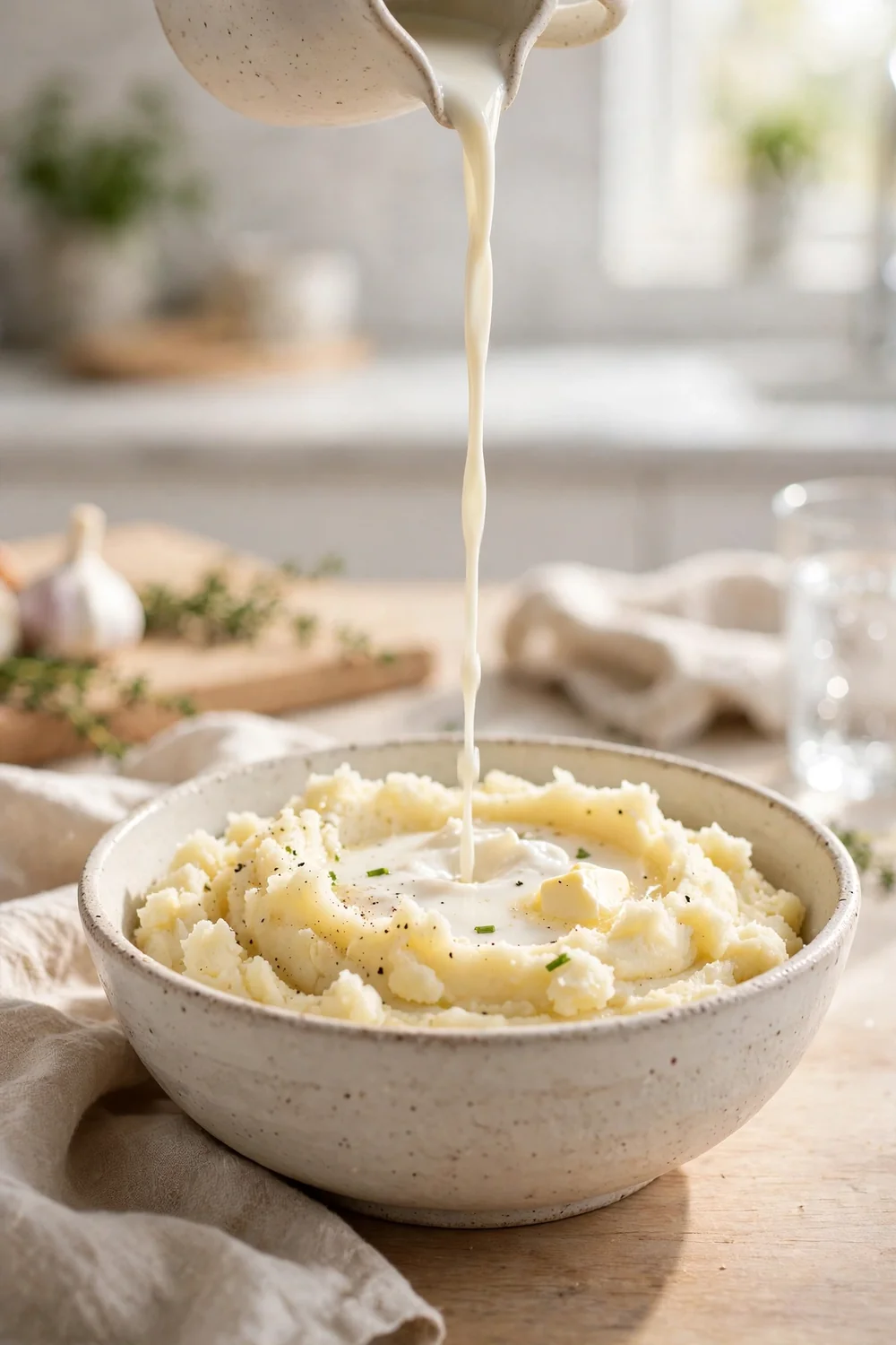 Warm milk poured slowly into a bowl of mashed potatoes