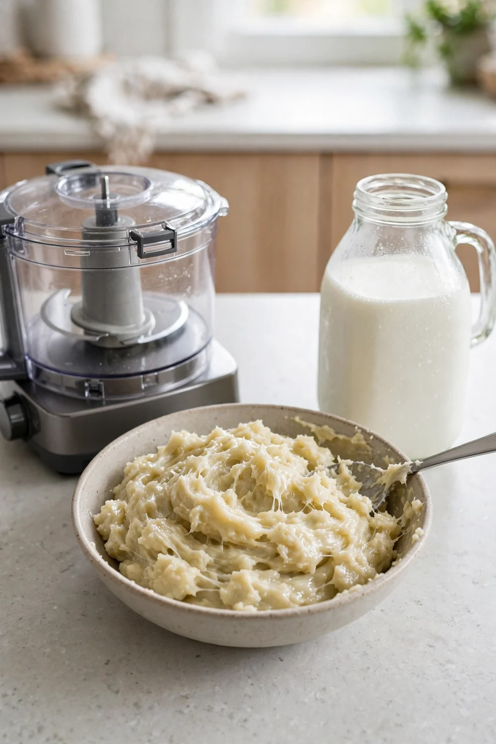 Sticky gummy mash beside a food processor and cold milk jug