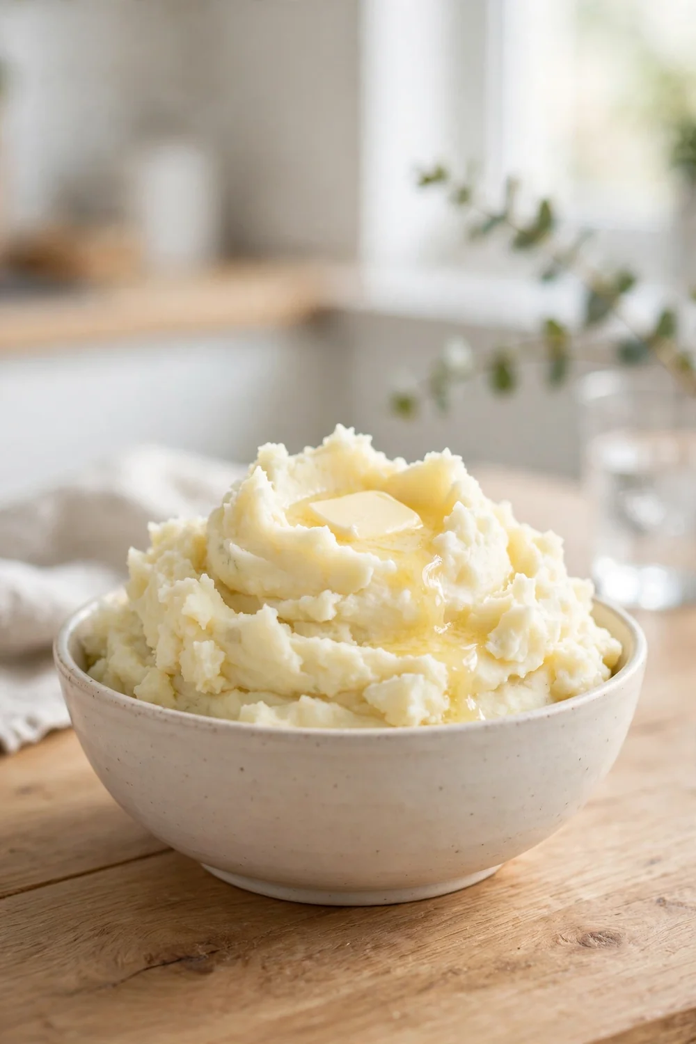 Fluffy mashed potatoes served in a bowl with butter melting on top