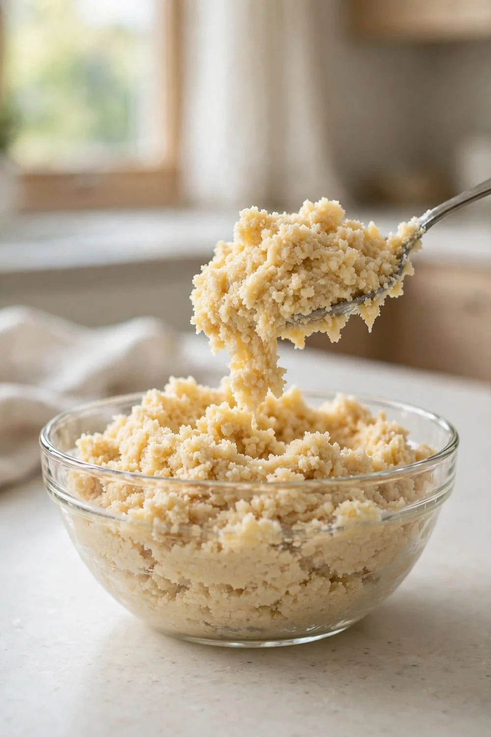 Bowl of grainy buttercream with a spoon lifting gritty frosting