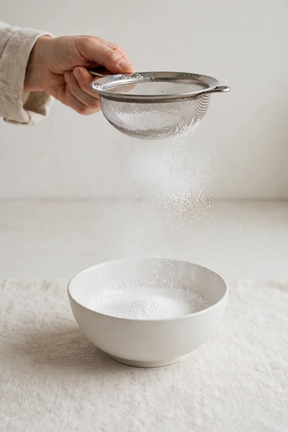 Sifting powdered sugar into a bowl for smooth buttercream