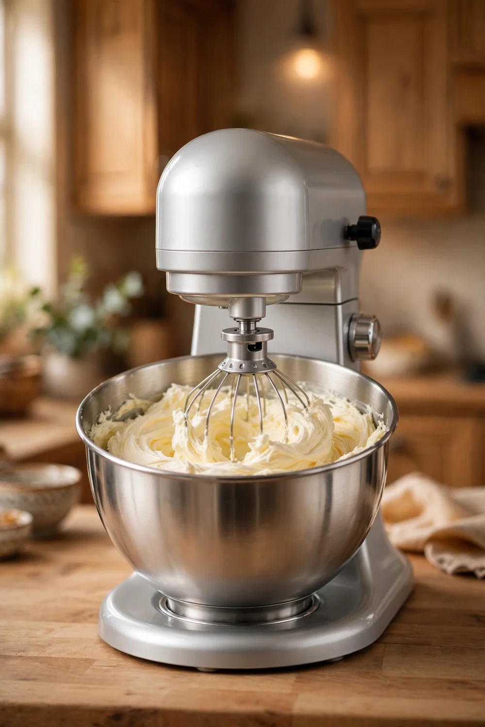 Stand mixer beating pale fluffy butter in a bowl