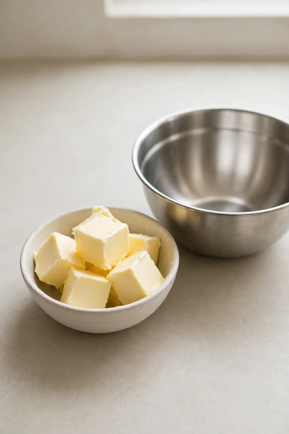 Soft room temp butter cubes beside a mixing bowl