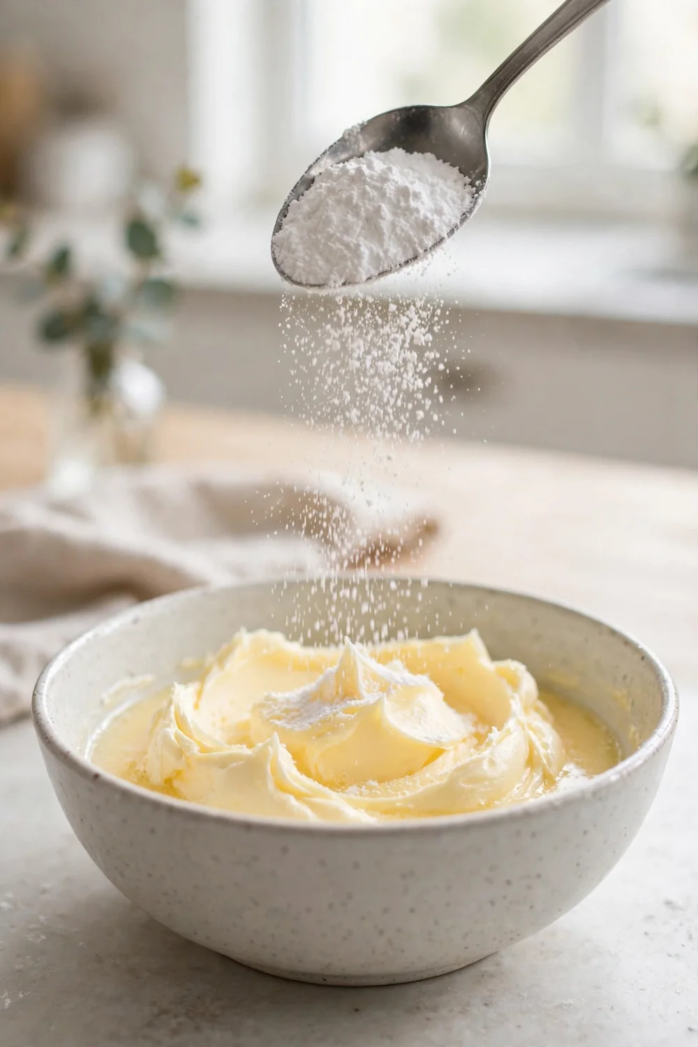 Slowly adding powdered sugar to beaten butter
