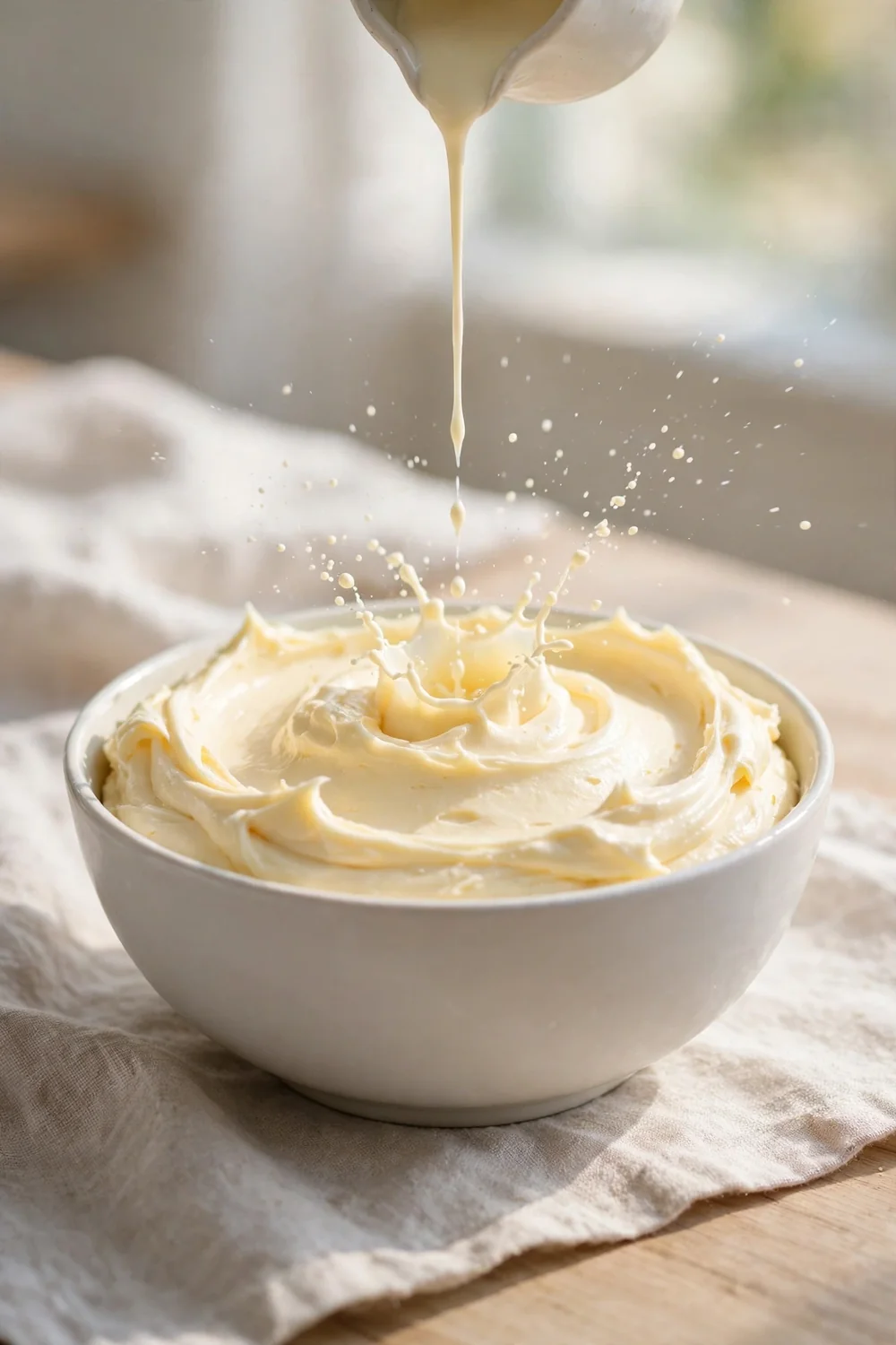 Pouring a small splash of cream into buttercream