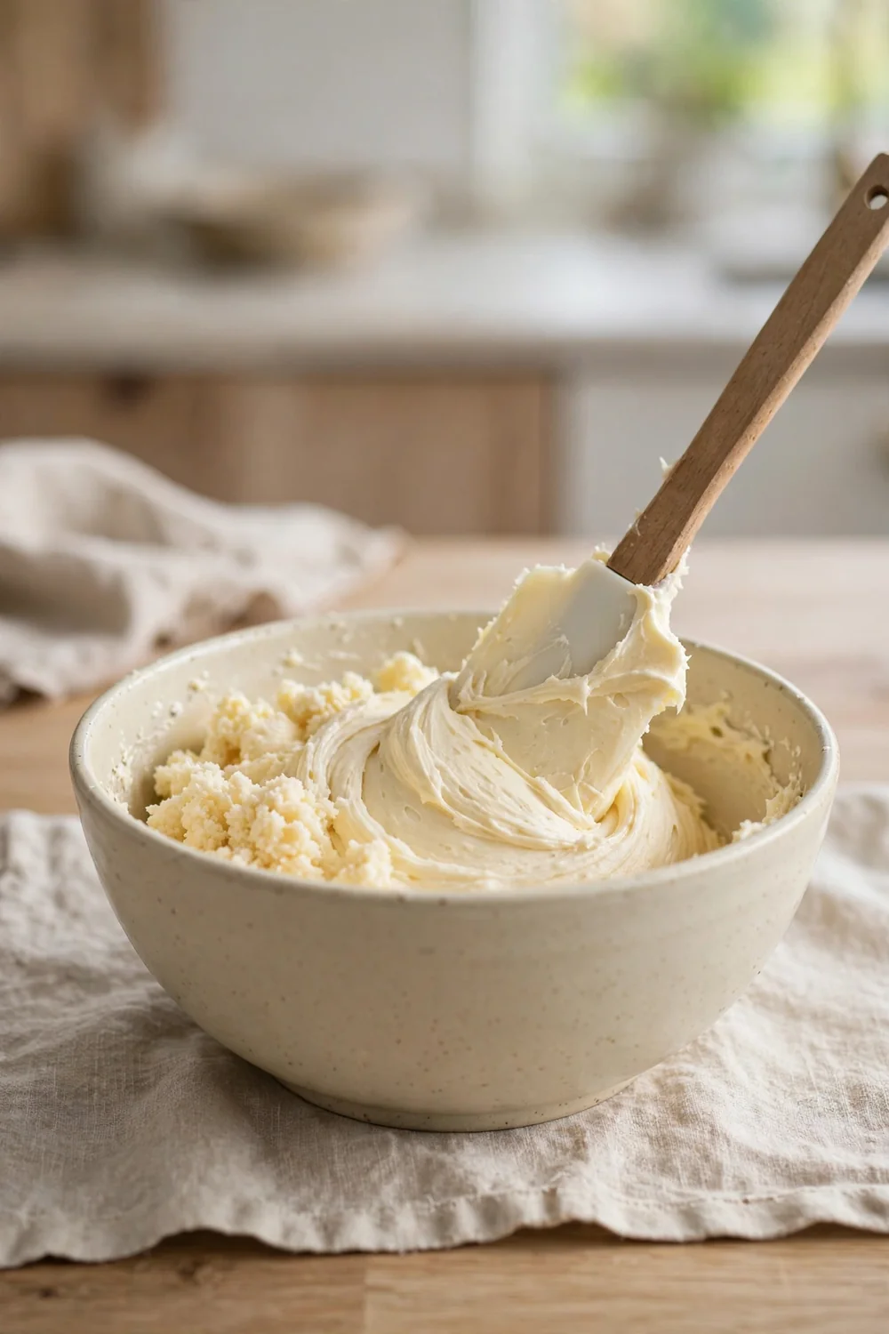 Rebeating grainy frosting in a bowl to make it smooth