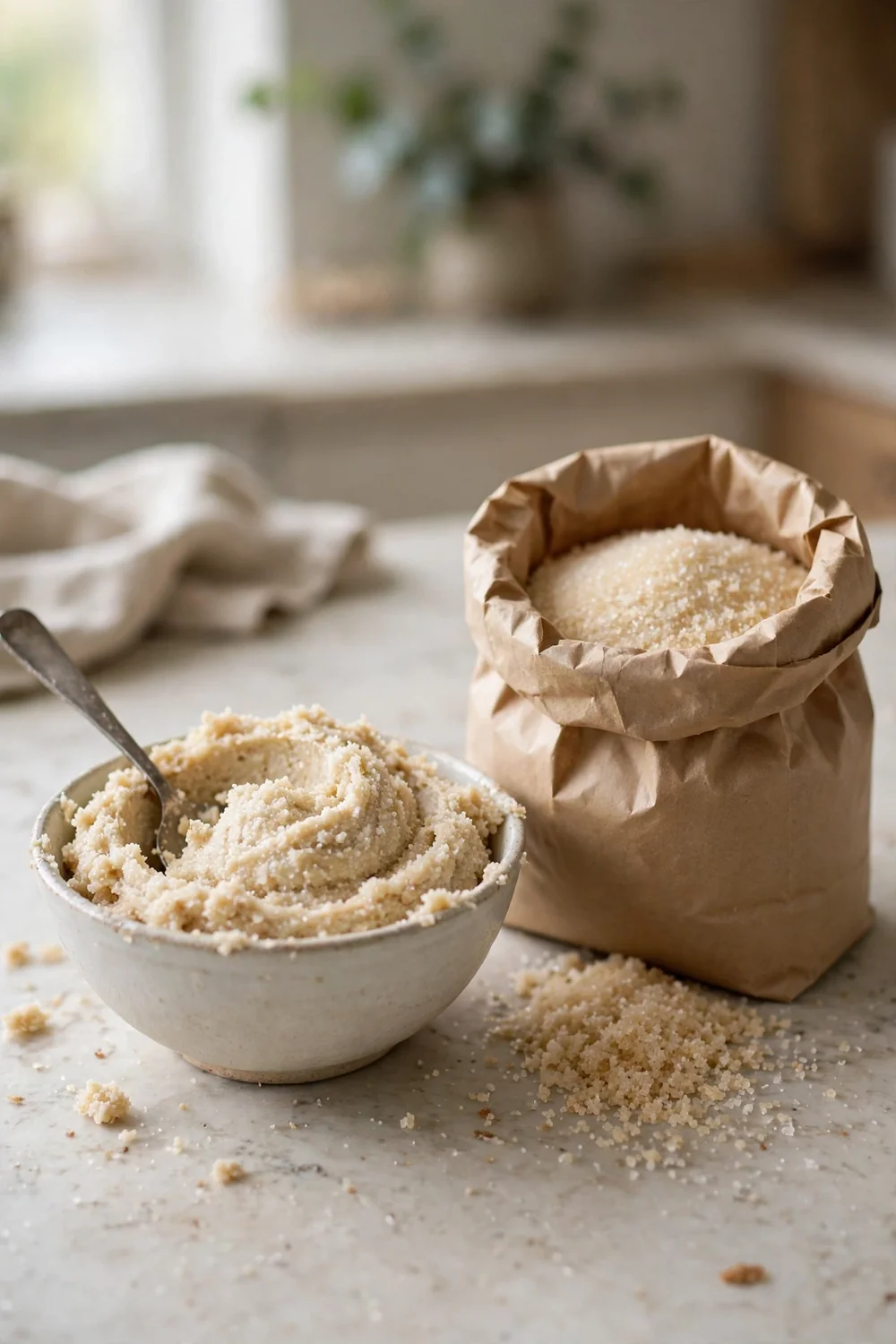 Bowl of grainy frosting beside a bag of unsifted sugar