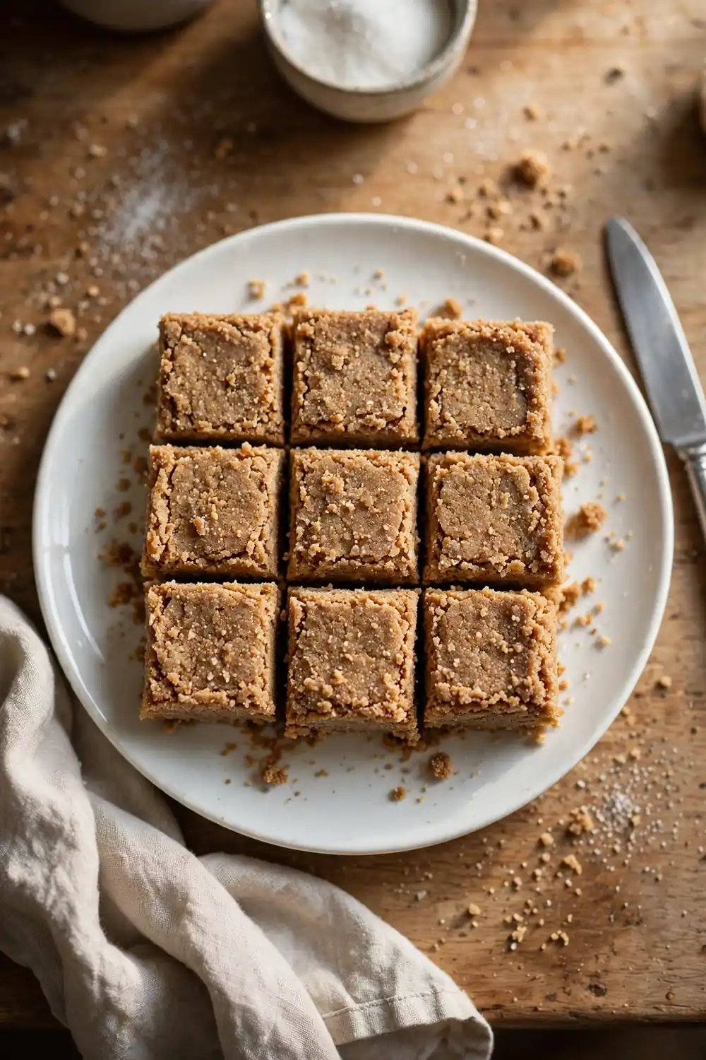 Grainy homemade fudge squares on a white plate