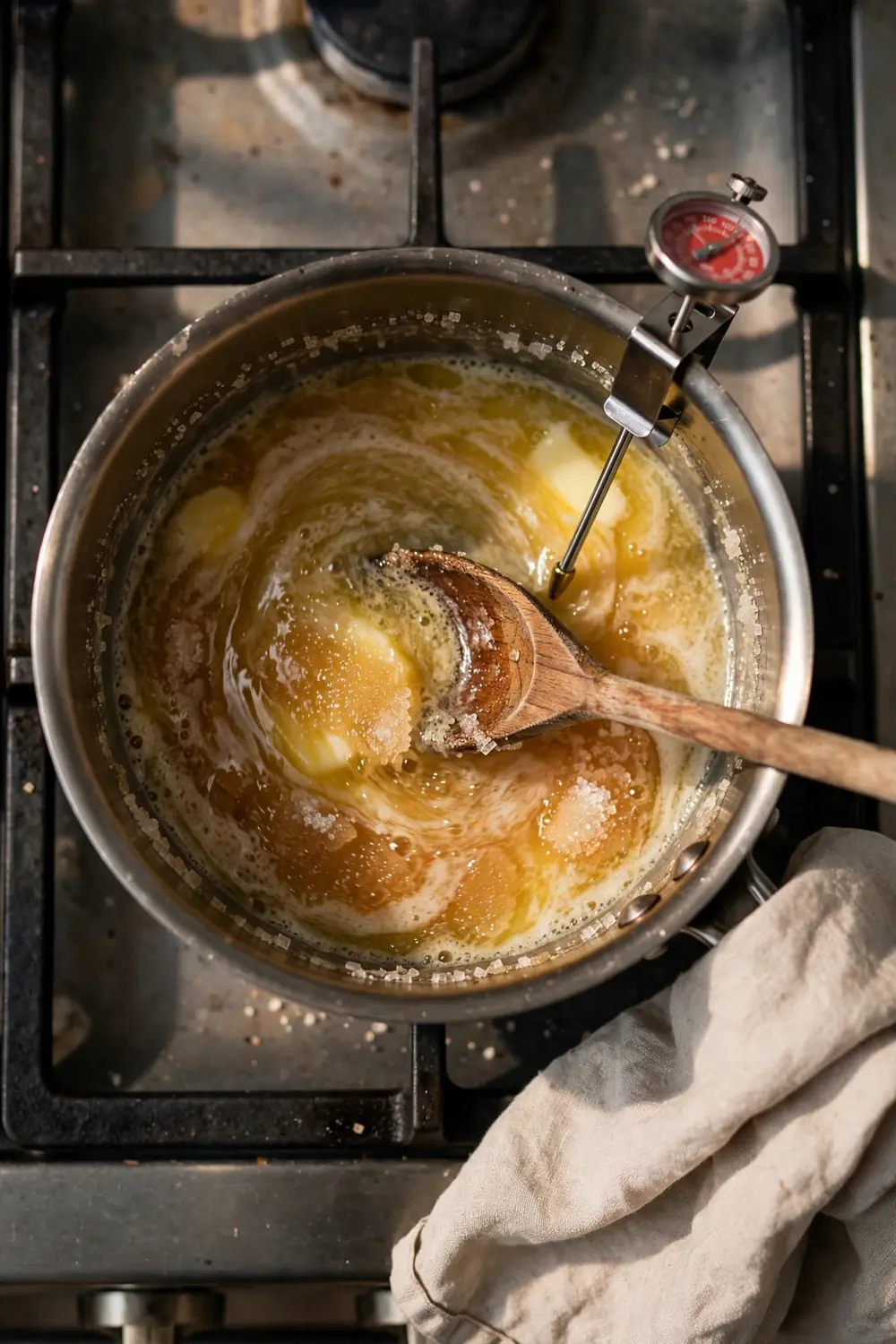 Wooden spoon stirring sugar and butter in a saucepan