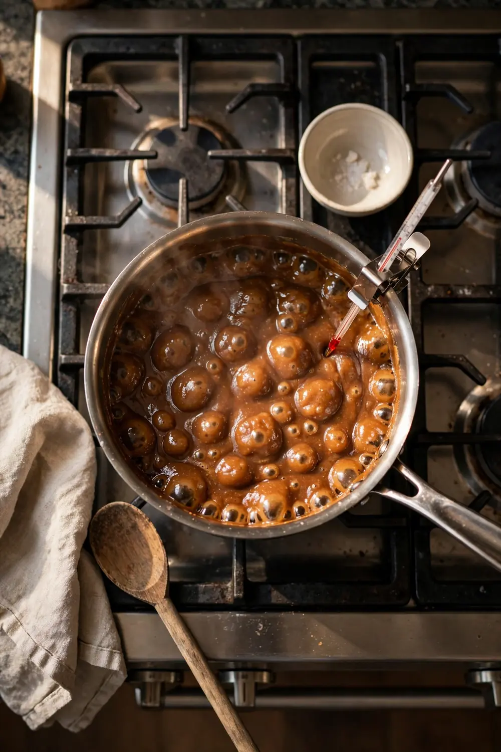 Candy thermometer clipped to a saucepan of fudge