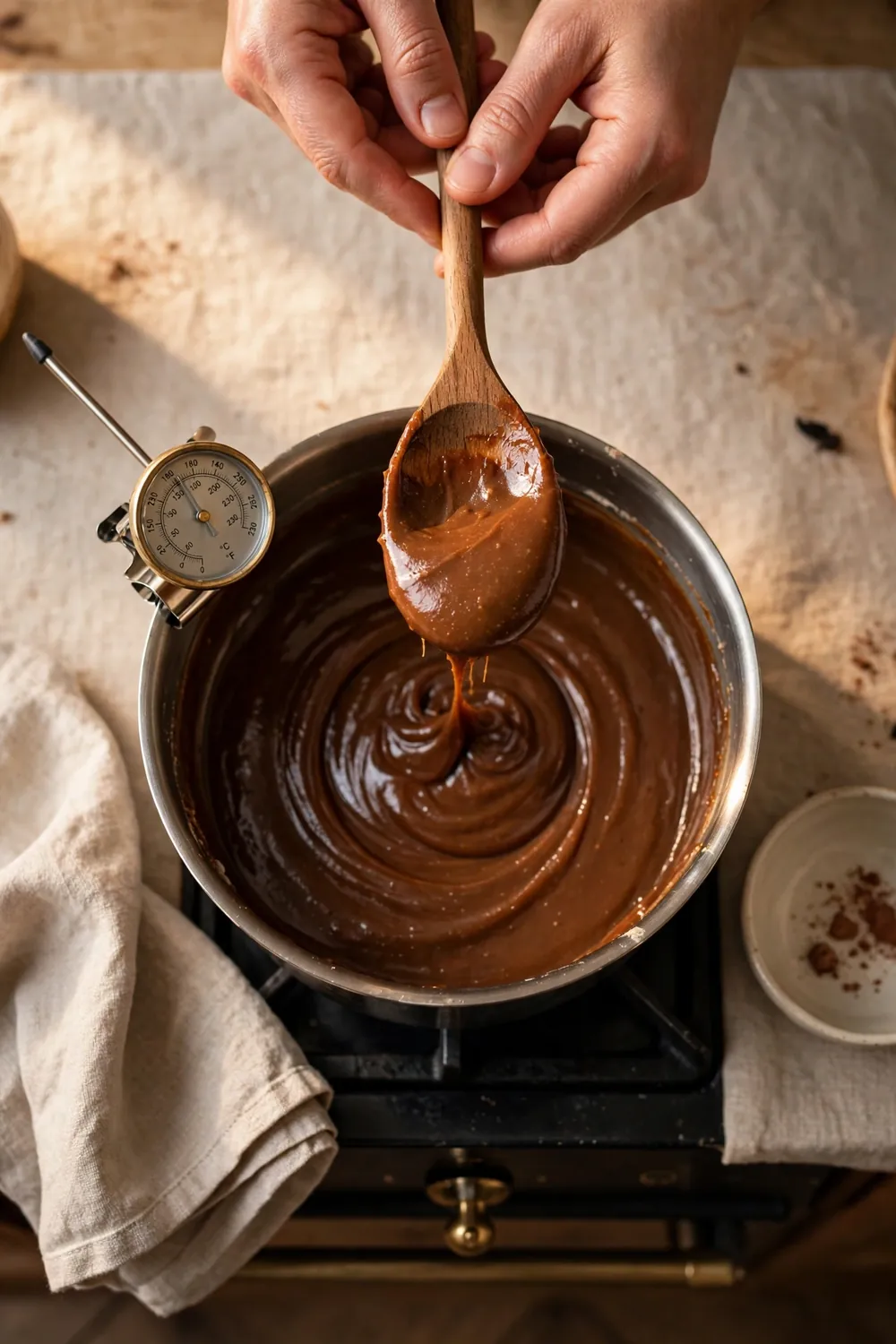 Wooden spoon lifted above smooth fudge mixture