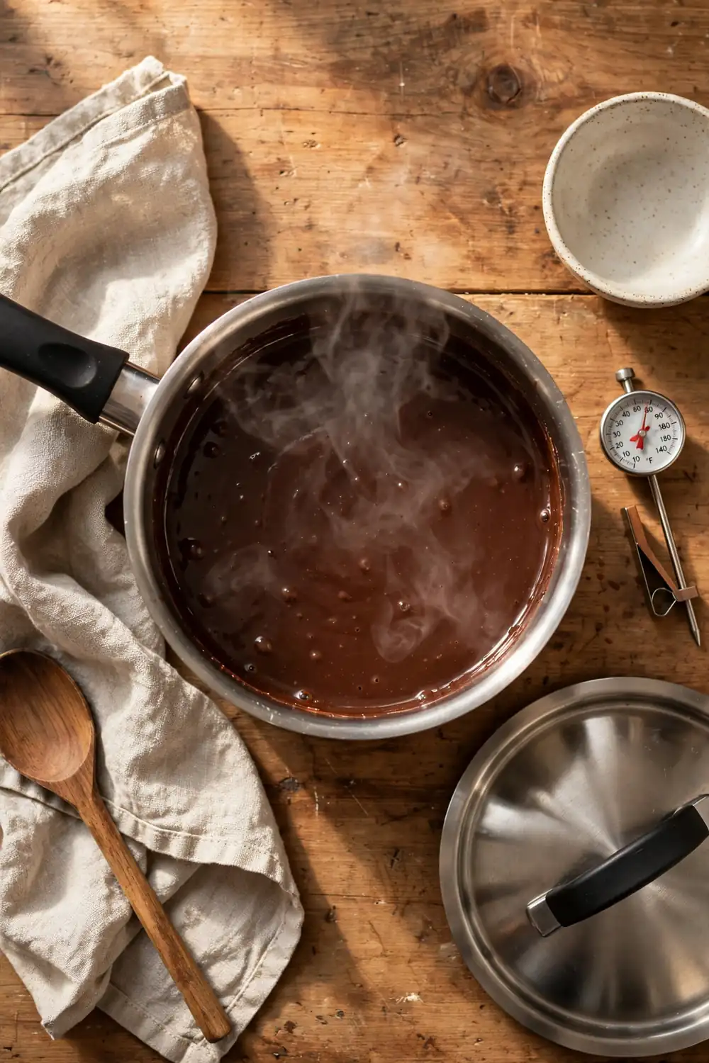 Saucepan of fudge mixture cooling on a counter