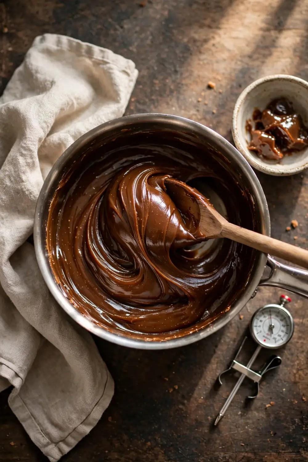Wooden spoon beating thick glossy fudge