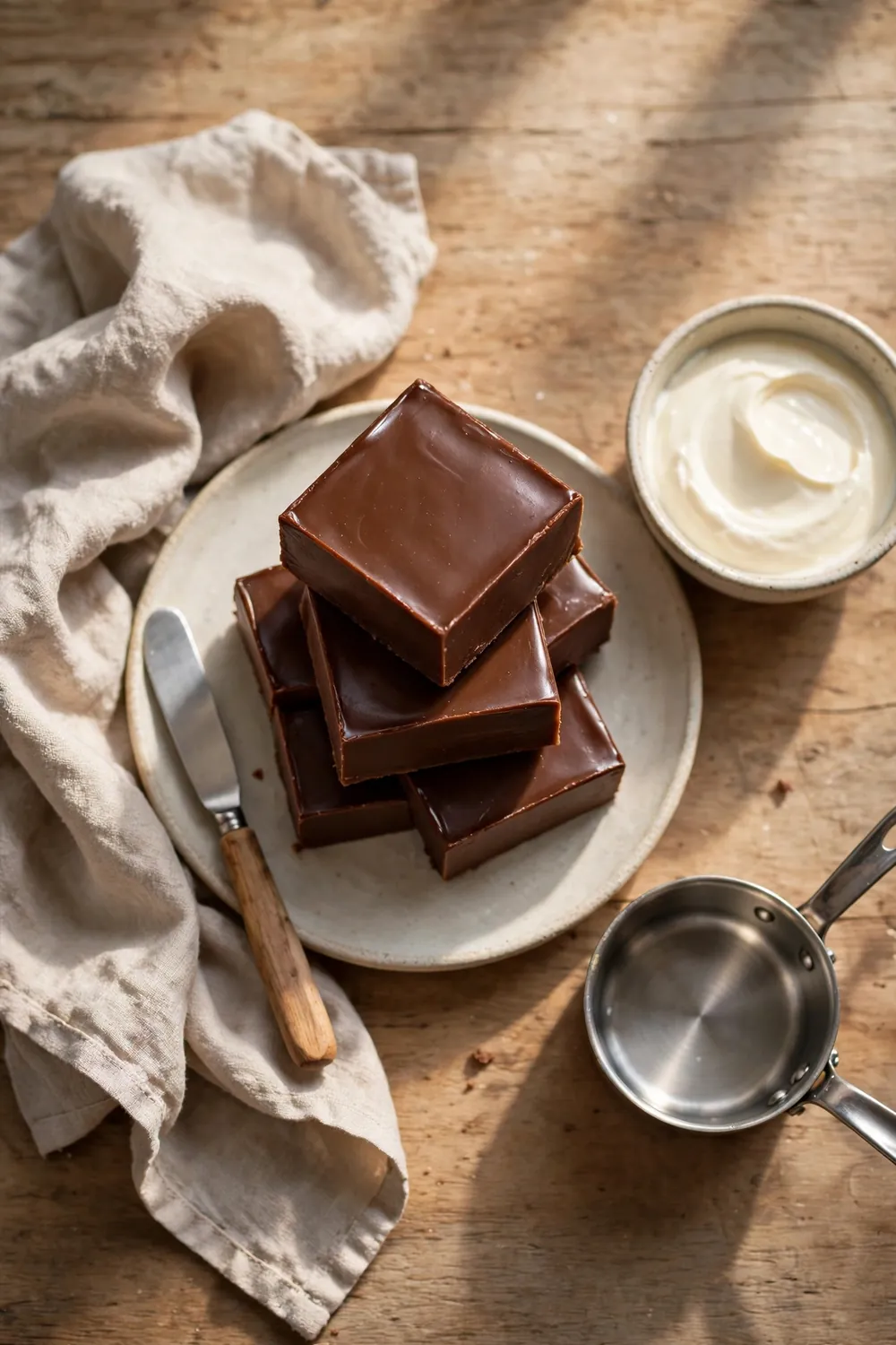 Smooth fudge squares stacked on a plate