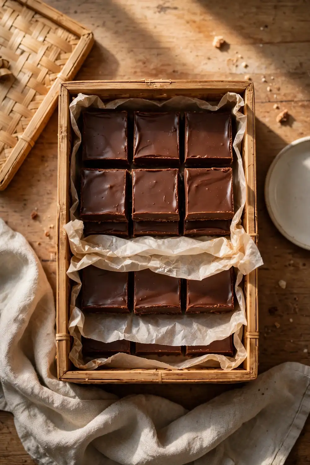 Fudge squares stored in a lined container