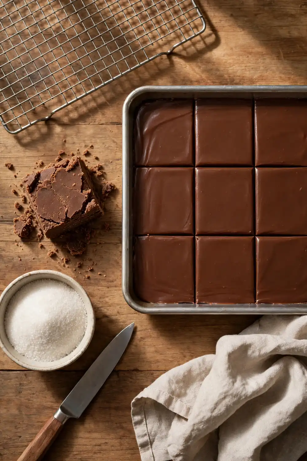 Rough fudge square beside smooth fudge squares