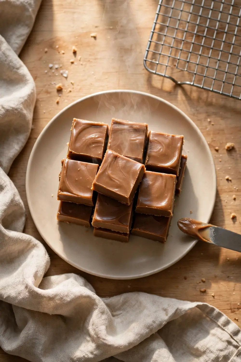Smooth creamy fudge squares stacked on a plate