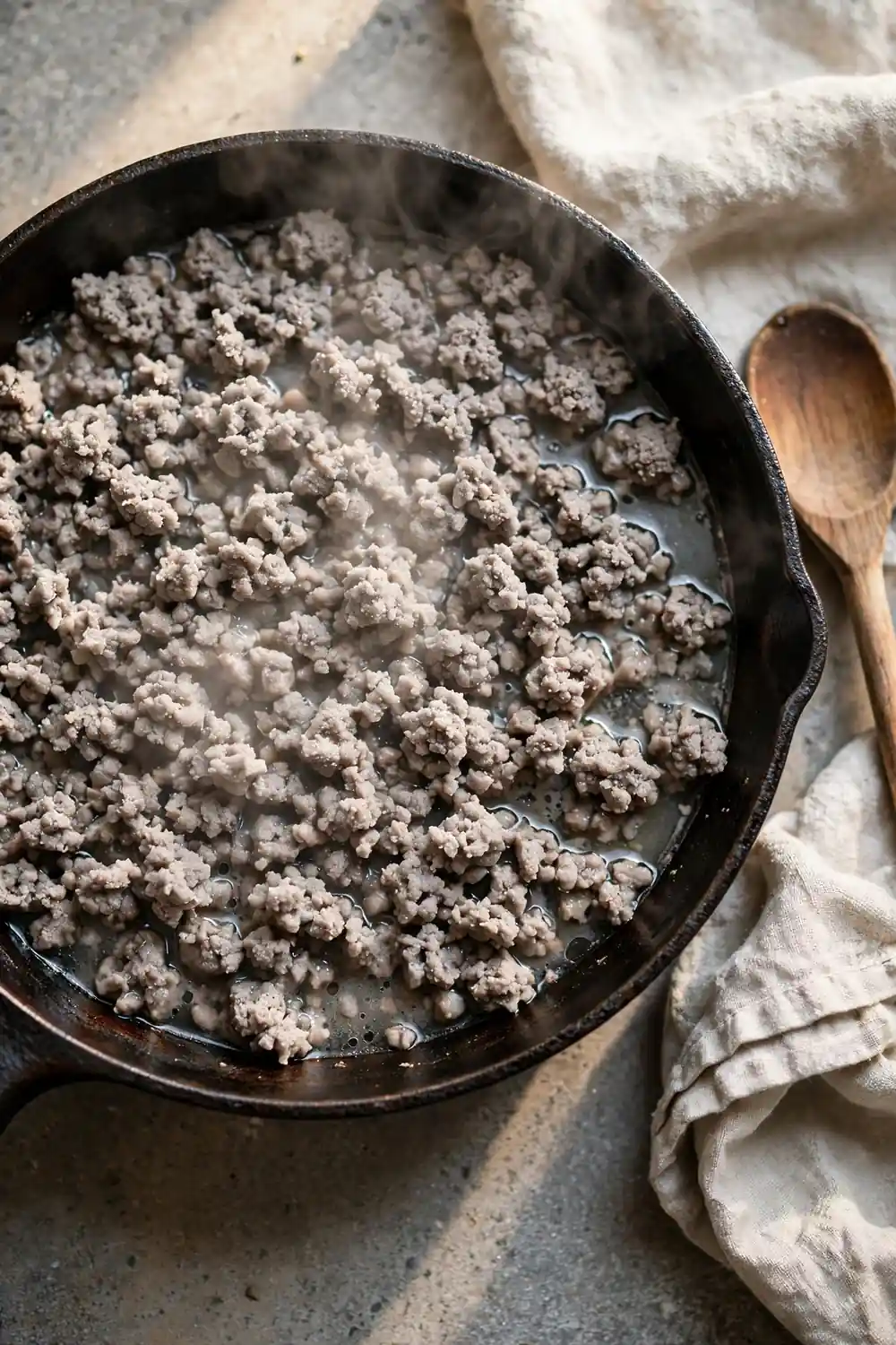 Gray ground beef steaming in a skillet