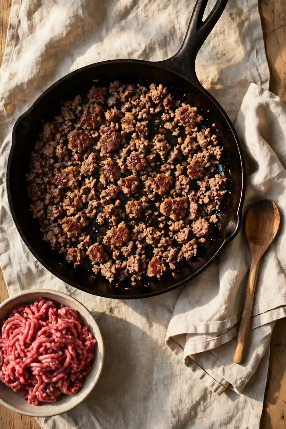 Ground beef browning in batches in a skillet