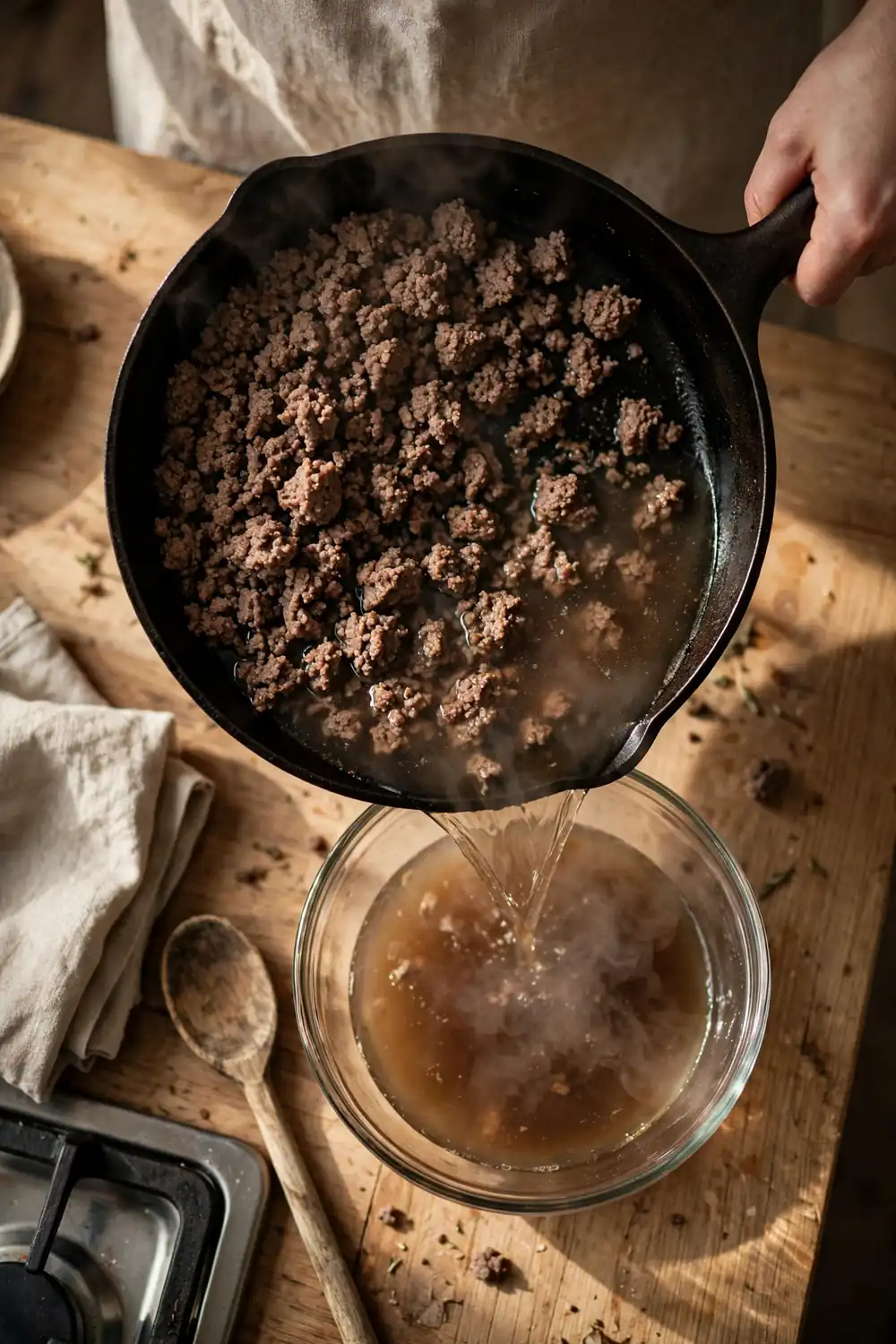 Draining liquid from ground beef in a skillet