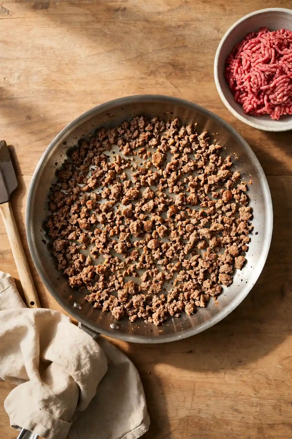 Ground beef spread in a single layer in a skillet
