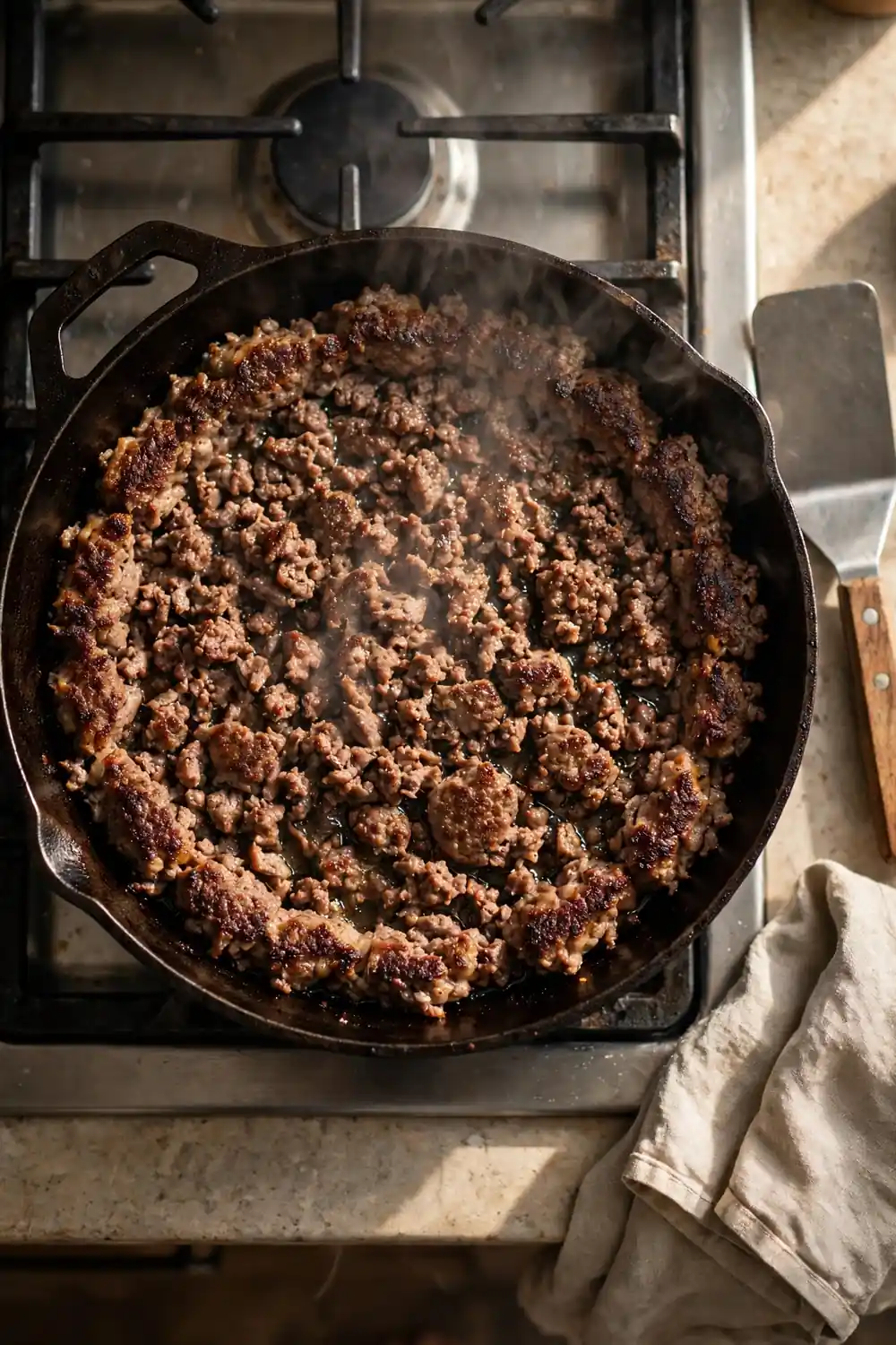 Ground beef searing in a hot skillet