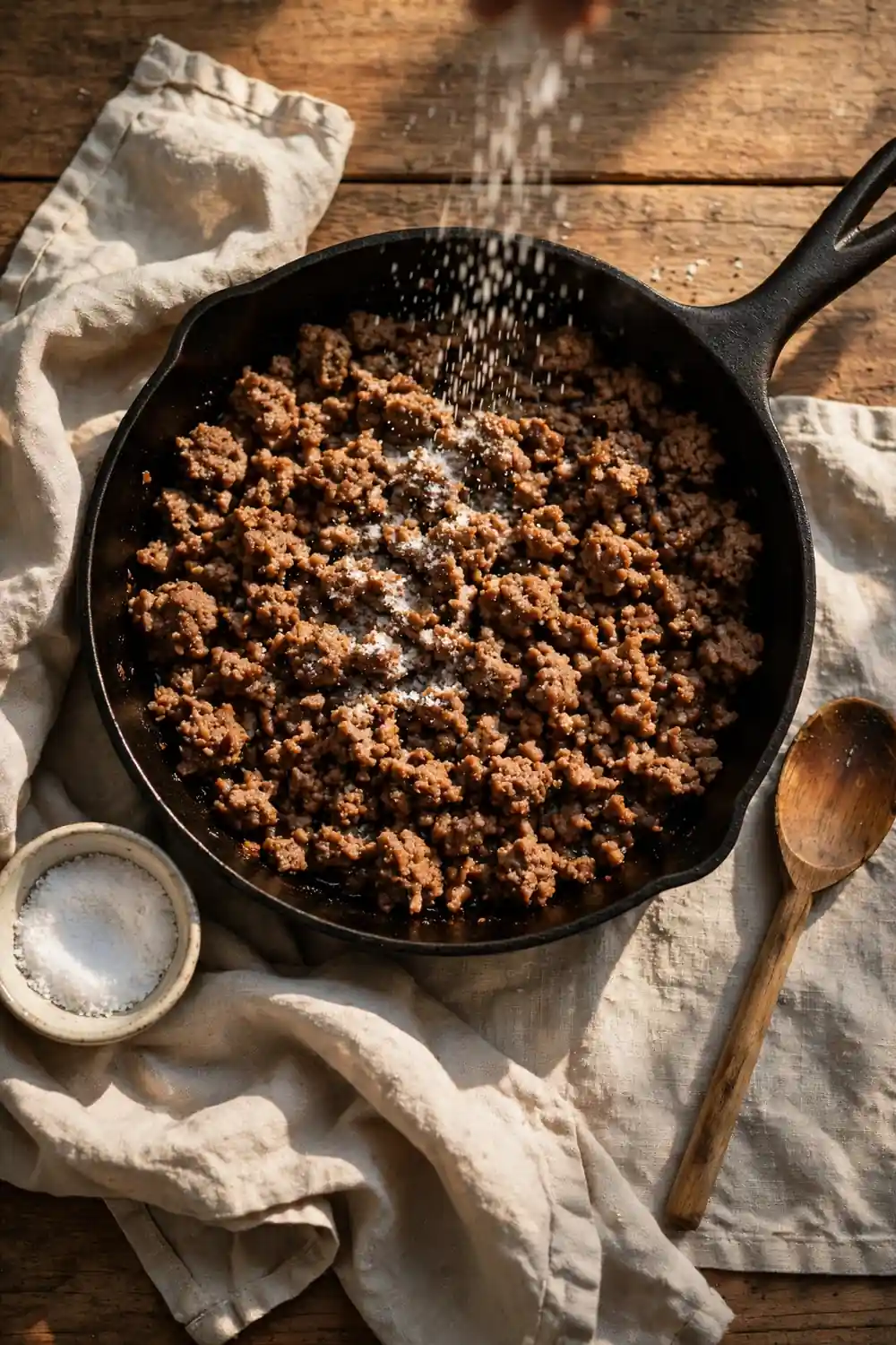 Salt being sprinkled over browned ground beef