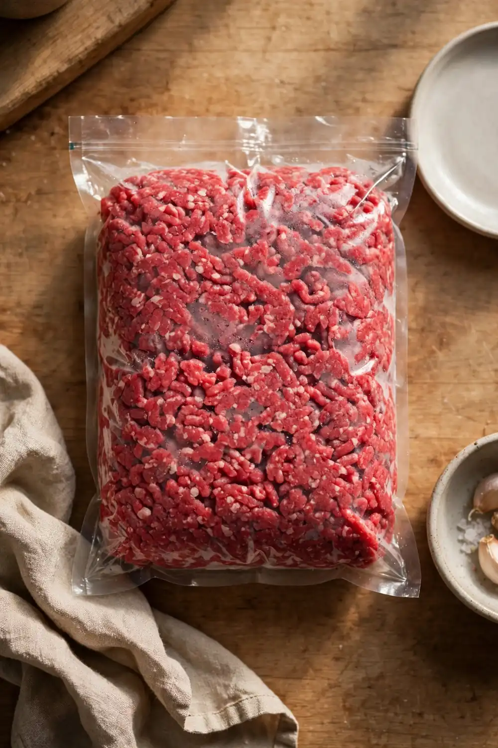 Ground beef stored flat in a sealed bag