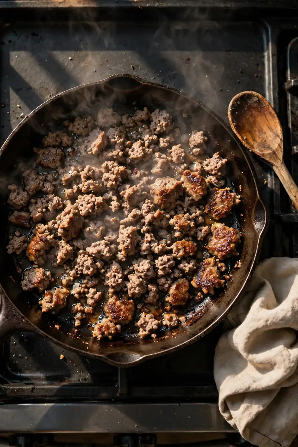 Gray ground beef browning again in a skillet