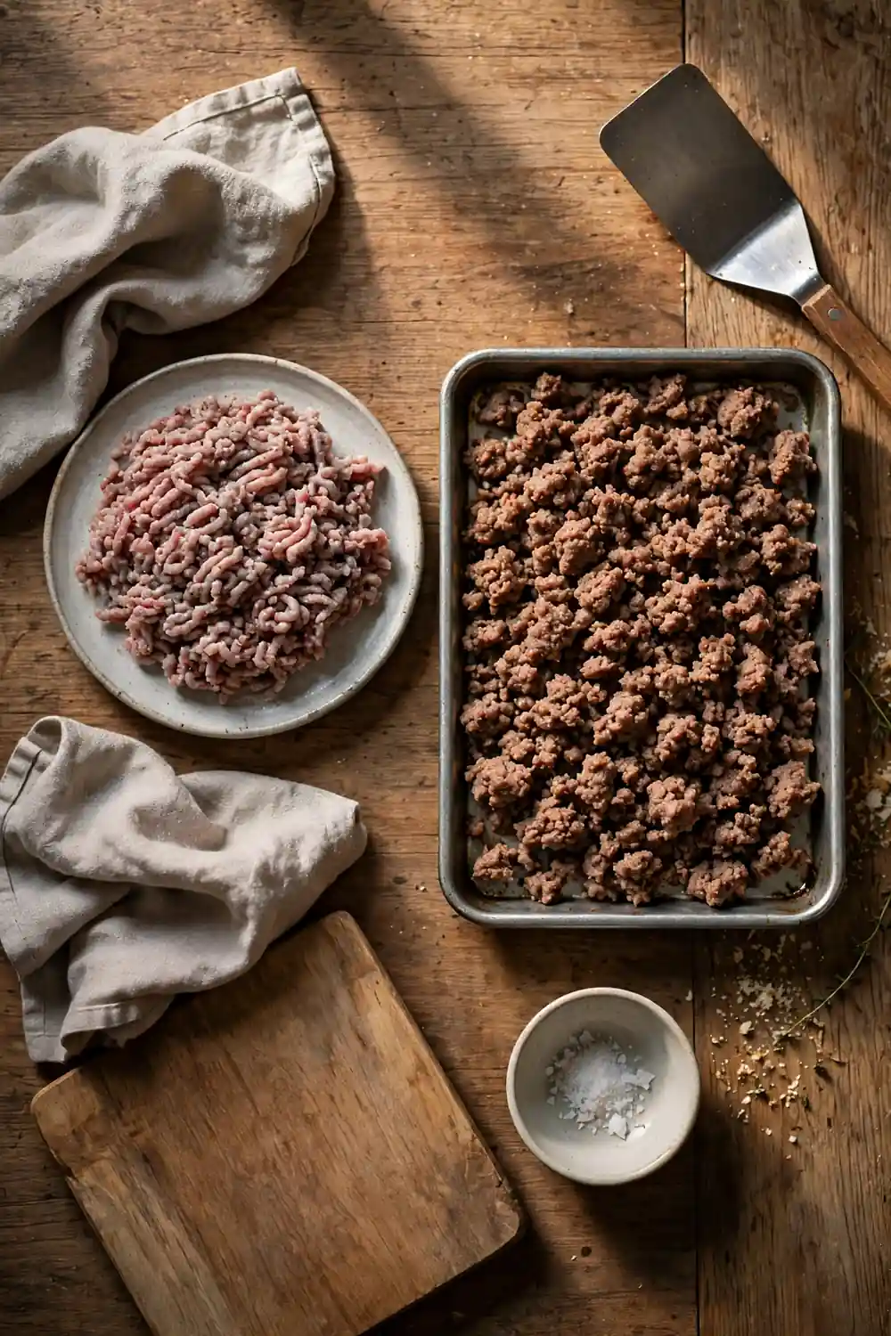 Gray beef beside browned beef for comparison