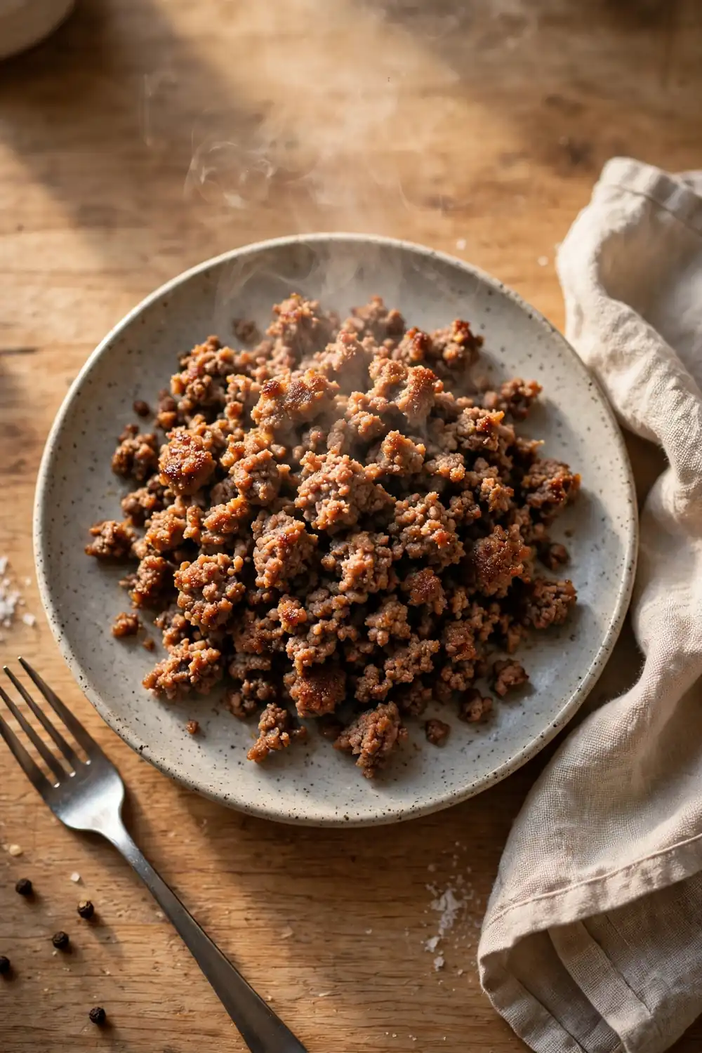 Browned ground beef crumbles on a plate